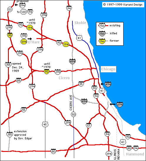 Map of Chicago existing and proposed interstates.