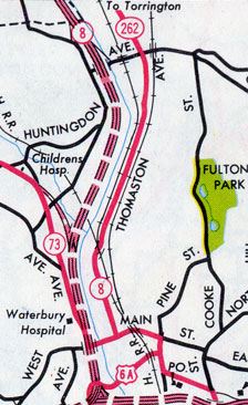 Route 262 into Waterbury, scanned from official Connecticut State map, 1965.