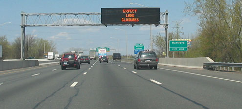 Lane closures VMS, I-91, CT