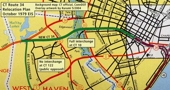 1979 proposal to extend CT 34 freeway, New Haven to Maltby Lakes