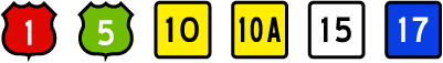 New Haven markers: US 1 (red) US 5 (green) CT 10/10A (yellow) CT 15 (black) CT 17 (blue)