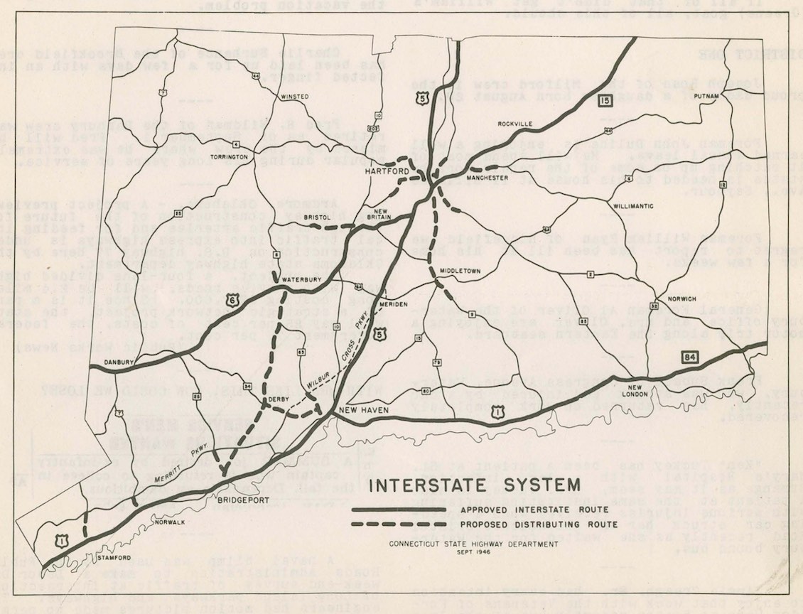 1946 planning map for interstate highways in Connecticut.
