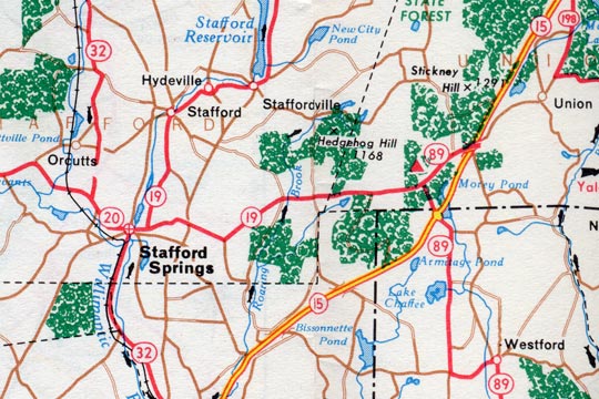 1961 CT state map, Stafford and Union, showing odd alignment of CT 19