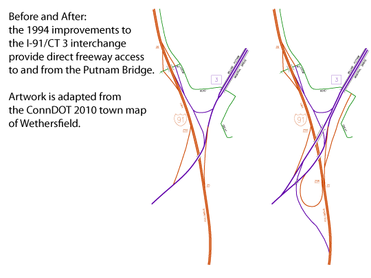 Diagram of CT 3/I-91 interchange, before and after 1994 reconstruction